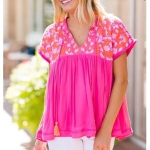 J.Marie Laynie Floral Embroidered Boho Tie Front Short Sleeve Top Sz XS